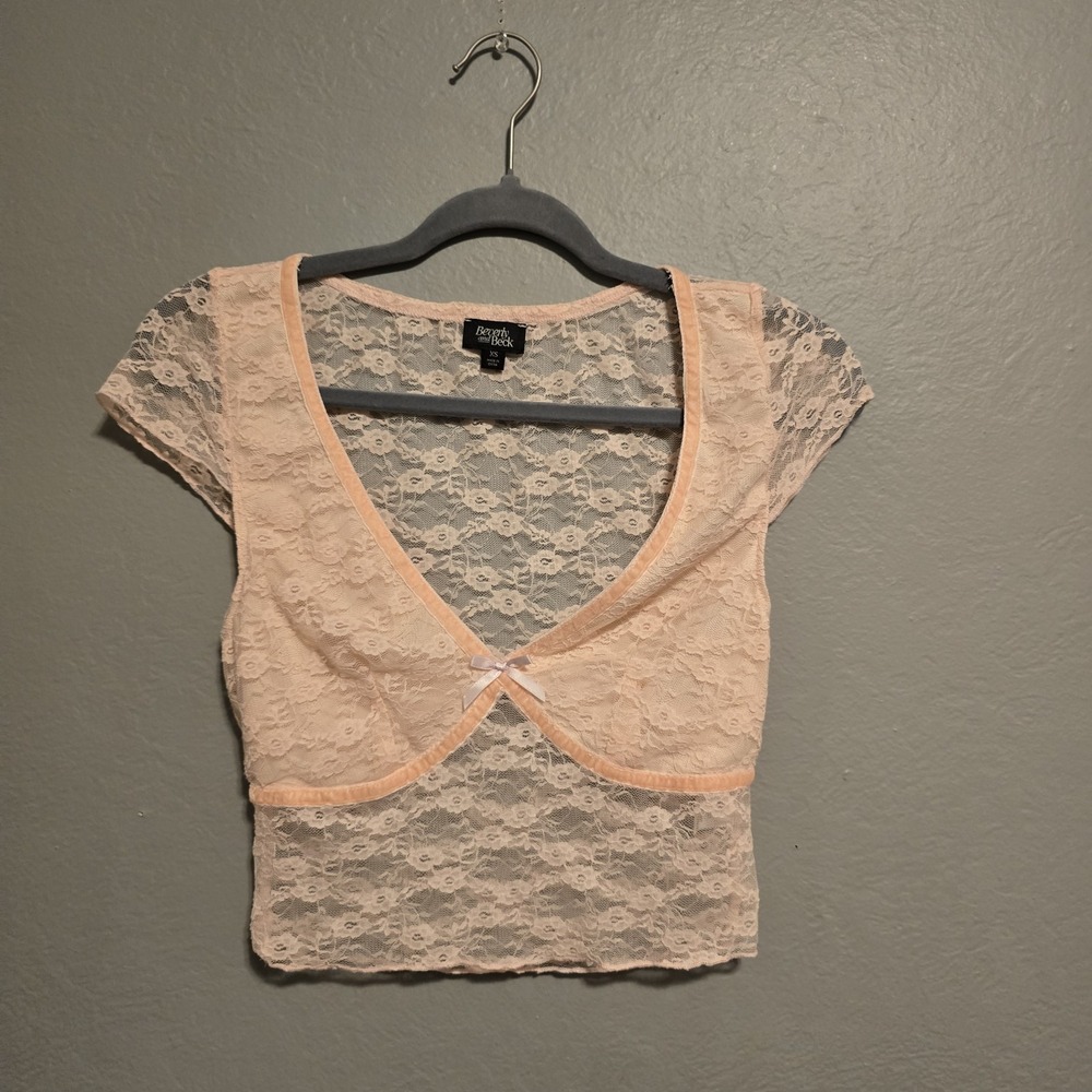 Beverly and Beck Floral Lace Peach Sheer Blouse Coquette Feminine Bow Fairy XS